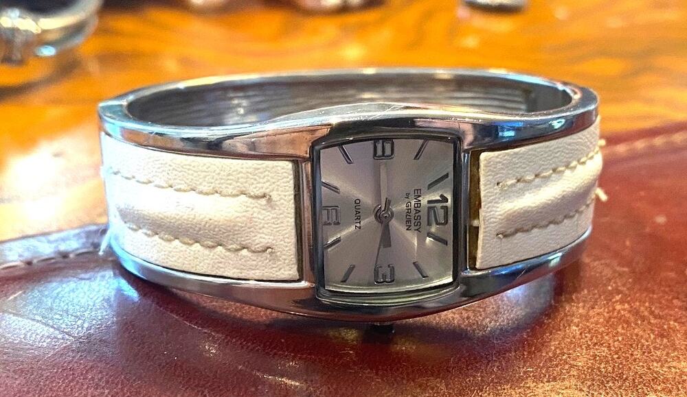 Women's 23mm Silver Tone Embassy by Gruen Watch, Leopard Print Bangle Bracelet